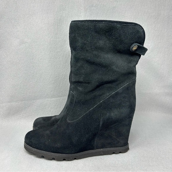 UGG Australia Kyra Genuine Shearling Wedge Heel Ankle Boots Black Suede Size 10 - Picture 4 of 11